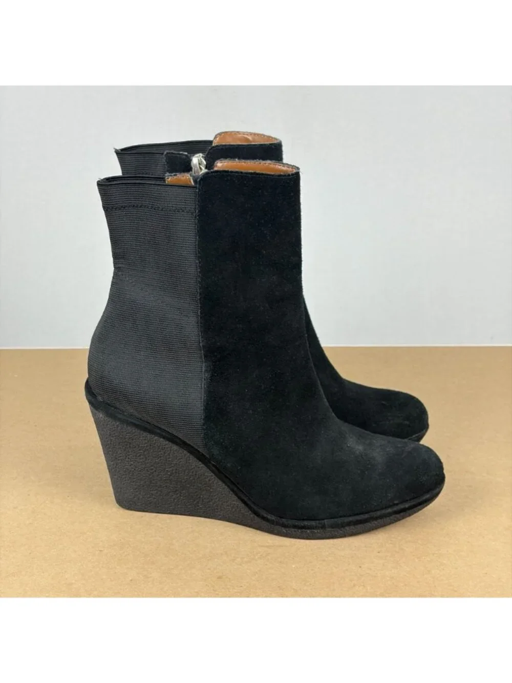 Adrienne Vittadini Pang Suede Wedge Boots Womens 8.5 Black Side Zip Casual